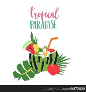 Minimal summer trendy vector illustration in scandinavian flat style. Exotic watermelon cocktail with mint, flowers, straw. Handwritten lettering Tropical Paradise. Design elements isolated on white.. Minimal summer trendy vector illustration in scandinavian flat style. Exotic watermelon cocktail with mint, flowers, straw. Handwritten lettering Tropical Paradise. Design elements isolated .