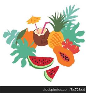 Minimal summer trendy vector illustration isolated on white in scandinavian style. Exotic fruit slice, hibiscus flowers, palm leaf and dots. Textile fabric swimwear graphic design for print.. Minimal summer trendy vector illustration isolated on white in scandinavian style. Exotic fruit slice, hibiscus flowers, palm leaf and dots. Textile fabric swimwear graphic design .