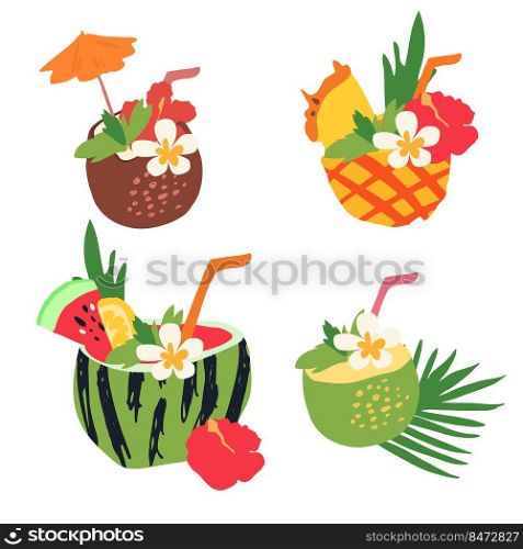 Minimal summer trendy vector illustration set in scandinavian flat style. Exotic coconut, pineapple and watermelon cocktail with fruit slice, flowers, straw, umbrella. Design elements isolated on white.. Minimal summer trendy vector illustration set in scandinavian flat style. Exotic coconut, pineapple and watermelon cocktail with fruit slice, flowers, straw, umbrella. Design elements isolated .