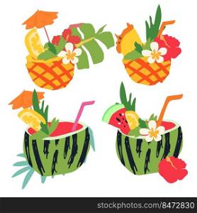 Minimal summer trendy vector illustration set in scandinavian flat style. Exotic pineapple and watermelon cocktail with fruit slice, flowers, straw, umbrella. Design elements isolated on white.. Minimal summer trendy vector illustration set in scandinavian flat style. Exotic pineapple and watermelon cocktail with fruit slice, flowers, straw, umbrella. Design elements isolated .
