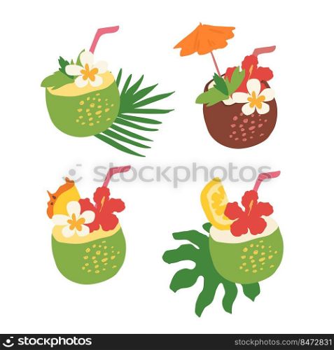 Minimal summer trendy vector illustration set in scandinavian flat style. Exotic coconut cocktail with fruit slice, flowers, straw, umbrella. Design elements isolated on white.. Minimal summer trendy vector illustration set in scandinavian flat style. Exotic coconut cocktail with fruit slice, flowers, straw, umbrella. Design elements isolated .