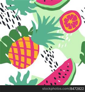 Minimal summer trendy vector tile seamless pattern in scandinavian style. Watermelon, pineapple, orange slice, palm leafs, abstract elements. Textile fabric swimwear graphic design for pring.. Minimal summer trendy vector tile seamless pattern in scandinavian style. Watermelon, pineapple, orange slice, palm leafs, abstract elements. Textile fabric swimwear graphic design .
