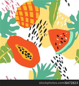 Minimal summer trendy vector tile seamless pattern in scandinavian style. Watermelon, pineapple, papaya, palm leafs, abstract elements. Textile fabric swimwear graphic design for pring.. Minimal summer trendy vector tile seamless pattern in scandinavian style. Watermelon, pineapple, papaya, palm leafs, abstract elements. Textile fabric swimwear graphic design .