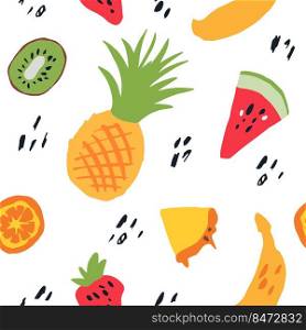 Minimal summer trendy vector tile seamless pattern in scandinavian style. Exotic fruit watermelon, pineapple, banana, kiwi slice and dots. Textile fabric swimwear graphic design for print on white.. Minimal summer trendy vector tile seamless pattern in scandinavian style. Exotic fruit watermelon, pineapple, banana, kiwi slice and dots. Textile fabric swimwear graphic design for print .