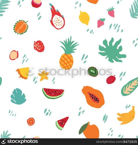 Minimal summer trendy vector tile seamless pattern in scandinavian style. Exotic fruit slice, palm leaf and dots. Textile fabric swimwear graphic design for print isolated on white.. Minimal summer trendy vector tile seamless pattern in scandinavian style. Exotic fruit slice, palm leaf and dots. Textile fabric swimwear graphic design for print isolated .