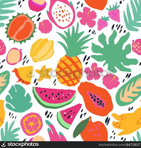 Minimal summer trendy vector tile seamless pattern in scandinavian style. Exotic fruit slice, palm leaf, hibiscus and dots. Textile fabric swimwear graphic design for print isolated on white.. Minimal summer trendy vector tile seamless pattern in scandinavian style. Exotic fruit slice, palm leaf, hibiscus and dots. Textile fabric swimwear graphic design for print isolated .