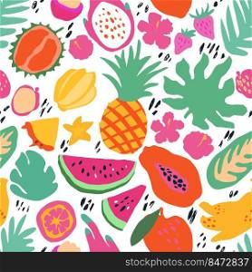 Minimal summer trendy vector tile seamless pattern in scandinavian style. Exotic fruit slice, palm leaf, hibiscus and dots. Textile fabric swimwear graphic design for print isolated on white.. Minimal summer trendy vector tile seamless pattern in scandinavian style. Exotic fruit slice, palm leaf, hibiscus and dots. Textile fabric swimwear graphic design for print isolated .