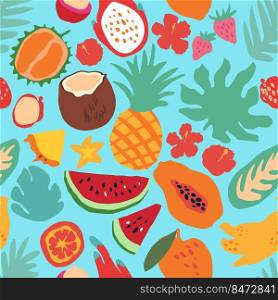 Minimal summer trendy vector tile seamless pattern in scandinavian style. Exotic fruit slice, palm leaf hibiscus flower. Textile fabric swimwear graphic design for print isolated on white.. Minimal summer trendy vector tile seamless pattern in scandinavian style. Exotic fruit slice, palm leaf hibiscus flower. Textile fabric swimwear graphic design for print isolated .