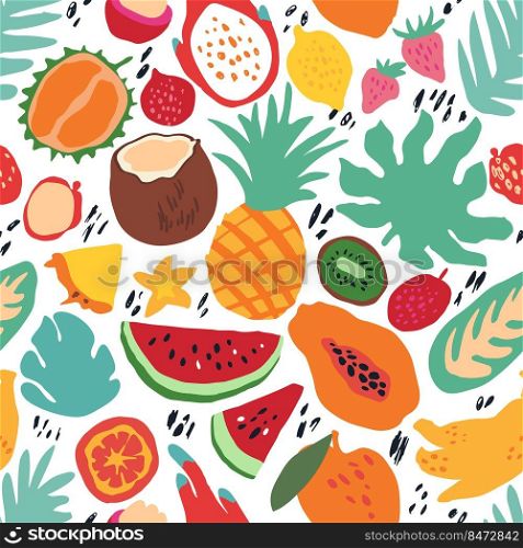 Minimal summer trendy vector tile seamless pattern in scandinavian style. Exotic fruit slice, palm leaf and dots. Textile fabric swimwear graphic design for print isolated on white.. Minimal summer trendy vector tile seamless pattern in scandinavian style. Exotic fruit slice, palm leaf and dots. Textile fabric swimwear graphic design for print isolated .
