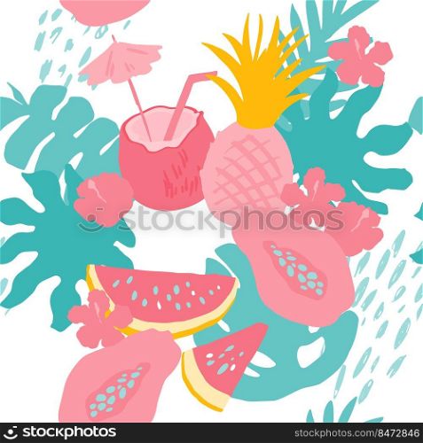 Minimal summer trendy vector tile seamless pattern in scandinavian style. Exotic fruit slice, flowers, palm leaf and dots. Textile fabric swimwear graphic design for print isolated on white.. Minimal summer trendy vector tile seamless pattern in scandinavian style. Exotic fruit slice, flowers, palm leaf and dots. Textile fabric swimwear graphic design for print isolated .