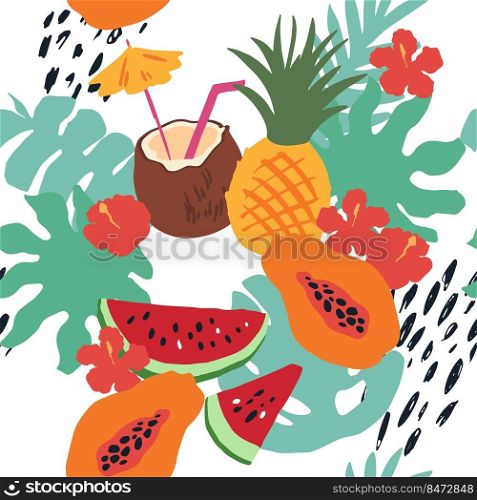 Minimal summer trendy vector tile seamless pattern in scandinavian style. Exotic fruit slice, flowers, palm leaf and dots. Textile fabric swimwear graphic design for print isolated on white.. Minimal summer trendy vector tile seamless pattern in scandinavian style. Exotic fruit slice, flowers, palm leaf and dots. Textile fabric swimwear graphic design for print isolated .