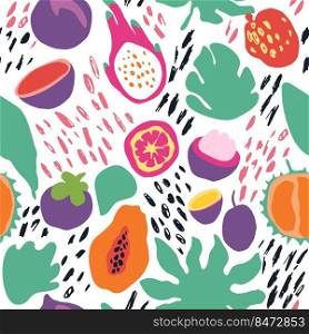 Minimal summer trendy vector tile seamless pattern in scandinavian style. Exotic fruit slice, plant leaf and abstract elements. Textile fabric swimwear graphic design for print isolated on white.. Minimal summer trendy vector tile seamless pattern in scandinavian style. Exotic fruit slice, plant leaf and abstract elements. Textile fabric swimwear graphic design for print isolated .