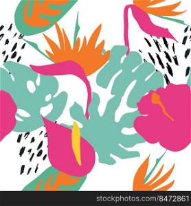 Minimal summer trendy vector tile seamless pattern in scandinavian style. Bird of paradise, hibiscus, laceleaf flowers, palm leafs. Textile fabric swimwear graphic design for pring.. Minimal summer trendy vector tile seamless pattern in scandinavian style. Bird of paradise, hibiscus, laceleaf flowers, palm leafs. Textile fabric swimwear graphic design .