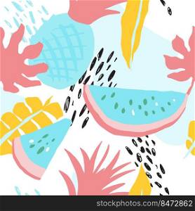 Minimal summer trendy vector tile seamless pattern in scandinavian style. Watermelon, pineapple, palm leafs, abstract elements. Textile fabric swimwear graphic design for pring.. Minimal summer trendy vector tile seamless pattern in scandinavian style. Watermelon, pineapple, palm leafs, abstract elements. Textile fabric swimwear graphic design .