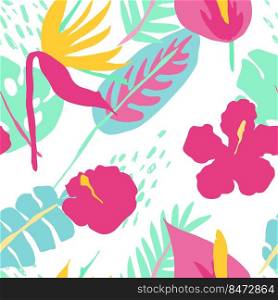 Minimal summer trendy vector tile seamless pattern in scandinavian style. Bird of paradise, hibiscus, laceleaf flowers, palm leafs. Textile fabric swimwear graphic design for pring.. Minimal summer trendy vector tile seamless pattern in scandinavian style. Bird of paradise, hibiscus, laceleaf flowers, palm leafs. Textile fabric swimwear graphic design .