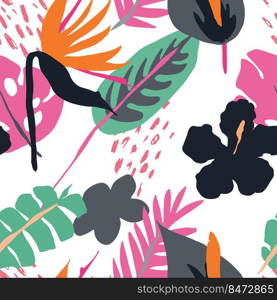 Minimal summer trendy vector tile seamless pattern in scandinavian style. Bird of paradise, hibiscus, laceleaf flowers, palm leafs. Textile fabric swimwear graphic design for pring.. Minimal summer trendy vector tile seamless pattern in scandinavian style. Bird of paradise, hibiscus, laceleaf flowers, palm leafs. Textile fabric swimwear graphic design .