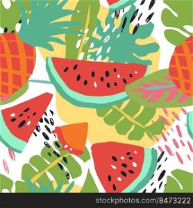 Minimal summer trendy vector tile seamless pattern in scandinavian style. Watermelon, pineapple, palm leafs, abstract elements. Textile fabric swimwear graphic design for print.. Minimal summer trendy vector tile seamless pattern in scandinavian style. Watermelon, pineapple, palm leafs, abstract elements. Textile fabric swimwear graphic design .