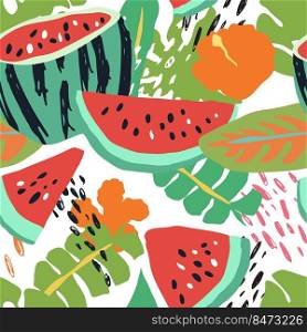 Minimal summer trendy vector tile seamless pattern in scandinavian style. Watermelon, palm leafs, exotic flowers, abstract elements. Textile fabric swimwear graphic design for print.. Minimal summer trendy vector tile seamless pattern in scandinavian style. Watermelon, palm leafs, exotic flowers, abstract elements. Textile fabric swimwear graphic design .