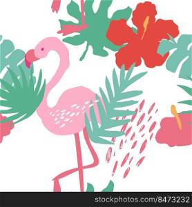 Minimal summer trendy vector tile seamless pattern in scandinavian style. Flamingo, exotic palm leaf, hibiscus flower and dots. Textile fabric swimwear graphic design for print isolated on white.. Minimal summer trendy vector tile seamless pattern in scandinavian style. Flamingo, exotic palm leaf, hibiscus flower and dots. Textile fabric swimwear graphic design for print isolated .