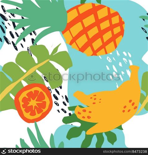 Minimal summer trendy vector tile seamless pattern in scandinavian style. Pineapple, banana, orange, palm leafs, abstract elements. Textile fabric swimwear graphic design for pring.. Minimal summer trendy vector tile seamless pattern in scandinavian style. Pineapple, banana, orange, palm leafs, abstract elements. Textile fabric swimwear graphic design .