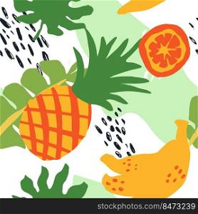 Minimal summer trendy vector tile seamless pattern in scandinavian style. Pineapple, banana, orange, palm leafs, abstract elements. Textile fabric swimwear graphic design for pring.. Minimal summer trendy vector tile seamless pattern in scandinavian style. Pineapple, banana, orange, palm leafs, abstract elements. Textile fabric swimwear graphic design .