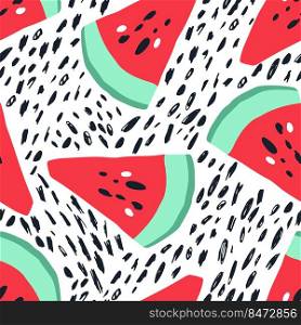Minimal summer trendy vector tile seamless pattern in scandinavian style. Watermelon and abstract elements. Textile fabric swimwear graphic design for print isolated on white.. Minimal summer trendy vector tile seamless pattern in scandinavian style. Watermelon and abstract elements. Textile fabric swimwear graphic design for print isolated .