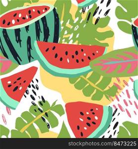 Minimal summer trendy vector tile seamless pattern in scandinavian style. Watermelon, palm leafs, abstract elements. Textile fabric swimwear graphic design for print.. Minimal summer trendy vector tile seamless pattern in scandinavian style. Watermelon, palm leafs, abstract elements. Textile fabric swimwear graphic design .