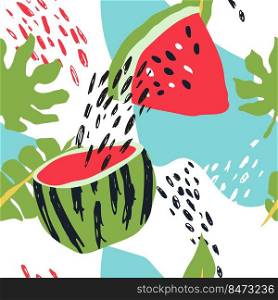 Minimal summer trendy vector tile seamless pattern in scandinavian style. Watermelon, palm leafs, abstract elements. Textile fabric swimwear graphic design for pring.. Minimal summer trendy vector tile seamless pattern in scandinavian style. Watermelon, palm leafs, abstract elements. Textile fabric swimwear graphic design .