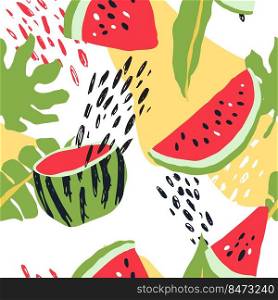 Minimal summer trendy vector tile seamless pattern in scandinavian style. Watermelon, palm leafs, abstract elements. Textile fabric swimwear graphic design for pring.. Minimal summer trendy vector tile seamless pattern in scandinavian style. Watermelon, palm leafs, abstract elements. Textile fabric swimwear graphic design .
