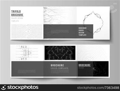 Minimal vector editable layout of square format covers design templates for trifold brochure, flyer, magazine. Trendy modern science or technology background with dynamic particles. Cyberspace grid. Minimal vector editable layout of square format covers design templates for trifold brochure, flyer, magazine. Trendy modern science or technology background with dynamic particles. Cyberspace grid.