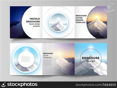 Minimal vector editable layout of square format covers design templates for trifold brochure, flyer, magazine. Mountain illustration, outdoor adventure. Travel concept background. Flat design vector. Minimal vector editable layout of square format covers design templates for trifold brochure, flyer, magazine. Mountain illustration, outdoor adventure. Travel concept background. Flat design vector.