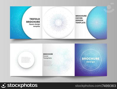 Minimal vector editable layout of square format covers design templates for trifold brochure, flyer, magazine. Big Data Visualization, geometric communication background with connected lines and dots. Minimal vector editable layout of square format covers design templates for trifold brochure, flyer, magazine. Big Data Visualization, geometric communication background with connected lines and dots.