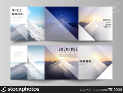 Minimal vector editable layout of square format covers design templates for trifold brochure, flyer, magazine. Mountain illustration, outdoor adventure. Travel concept background. Flat design vector. Minimal vector editable layout of square format covers design templates for trifold brochure, flyer, magazine. Mountain illustration, outdoor adventure. Travel concept background. Flat design vector.