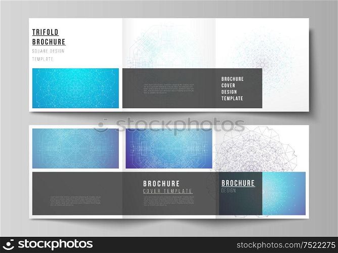 Minimal vector editable layout of square format covers design templates for trifold brochure, flyer, magazine. Big Data Visualization, geometric communication background with connected lines and dots. Minimal vector editable layout of square format covers design templates for trifold brochure, flyer, magazine. Big Data Visualization, geometric communication background with connected lines and dots.