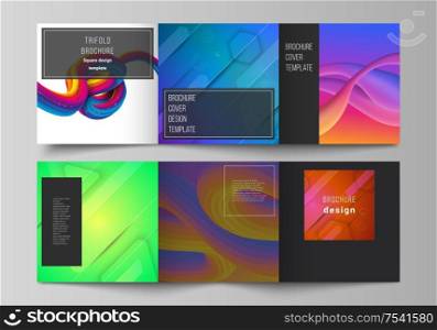 Minimal vector editable layout of square format covers design templates for trifold brochure, flyer, magazine. Futuristic technology design, colorful backgrounds with fluid gradient shapes composition.. Minimal vector editable layout of square format covers design templates for trifold brochure, flyer, magazine. Futuristic technology design, colorful backgrounds with fluid gradient shapes composition