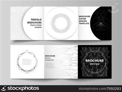 Minimal vector editable layout of square format covers design templates for trifold brochure, flyer, magazine. Trendy modern science or technology background with dynamic particles. Cyberspace grid. Minimal vector editable layout of square format covers design templates for trifold brochure, flyer, magazine. Trendy modern science or technology background with dynamic particles. Cyberspace grid.