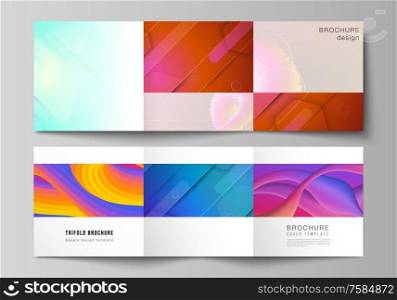 Minimal vector editable layout of square format covers design templates for trifold brochure, flyer, magazine. Futuristic technology design, colorful backgrounds with fluid gradient shapes composition.. Minimal vector editable layout of square format covers design templates for trifold brochure, flyer, magazine. Futuristic technology design, colorful backgrounds with fluid gradient shapes composition