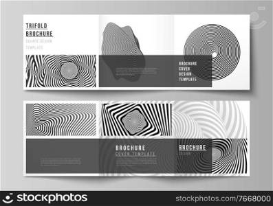 Minimal vector editable layout of square format covers design templates for trifold brochure, flyer, magazine. Abstract 3D geometrical background with optical illusion black and white design pattern. Minimal vector editable layout of square format covers design templates for trifold brochure, flyer, magazine. Abstract 3D geometrical background with optical illusion black and white design pattern.