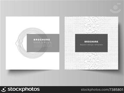 Minimal vector illustration layout of two square format covers design templates for brochure, flyer, magazine. Trendy modern science or technology background with dynamic particles. Cyberspace grid. Minimal vector illustration layout of two square format covers design templates for brochure, flyer, magazine. Trendy modern science or technology background with dynamic particles. Cyberspace grid.