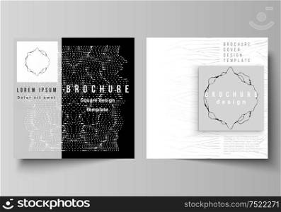 Minimal vector illustration layout of two square format covers design templates for brochure, flyer, magazine. Trendy modern science or technology background with dynamic particles. Cyberspace grid. Minimal vector illustration layout of two square format covers design templates for brochure, flyer, magazine. Trendy modern science or technology background with dynamic particles. Cyberspace grid.