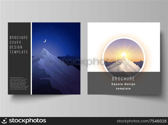 Minimal vector illustration layout of two square format covers design templates for brochure, flyer, magazine. Mountain illustration, outdoor adventure. Travel concept background. Flat design vector.. The minimal vector layout of two square format covers design templates for brochure, flyer, magazine. Mountain illustration, outdoor adventure. Travel concept background. Flat design vector.
