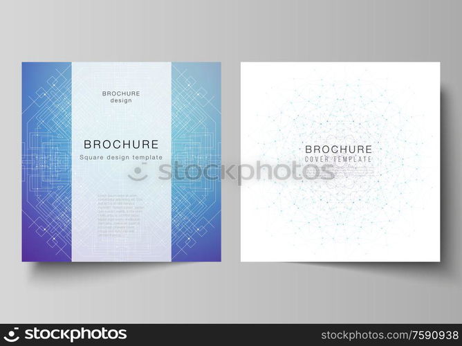 Minimal vector illustration layout of two square format covers design templates for brochure, flyer, magazine. Big Data Visualization, geometric communication background with connected lines and dots. Minimal vector illustration layout of two square format covers design templates for brochure, flyer, magazine. Big Data Visualization, geometric communication background with connected lines and dots.