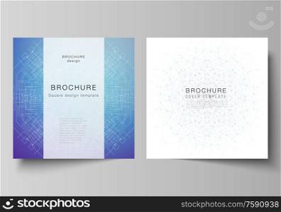 Minimal vector illustration layout of two square format covers design templates for brochure, flyer, magazine. Big Data Visualization, geometric communication background with connected lines and dots. Minimal vector illustration layout of two square format covers design templates for brochure, flyer, magazine. Big Data Visualization, geometric communication background with connected lines and dots.