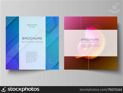 Minimal vector illustration layout of two square format covers design templates for brochure, flyer, magazine. Futuristic technology design, colorful backgrounds with fluid gradient shapes composition.. Minimal vector illustration layout of two square format covers design templates for brochure, flyer, magazine. Futuristic technology design, colorful backgrounds with fluid gradient shapes composition