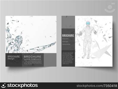 Minimal vector illustration of editable layout of two square format covers design templates for brochure, flyer, magazine. Man with glasses of virtual reality. Abstract vr, future technology concept. Minimal vector illustration of editable layout of two square format covers design templates for brochure, flyer, magazine. Man with glasses of virtual reality. Abstract vr, future technology concept.