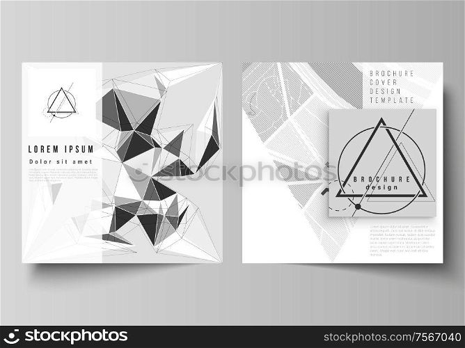 Minimal vector illustration of editable layout of two square format covers design templates for brochure, flyer, magazine. Abstract geometric triangle design background using triangular style patterns.. Minimal vector illustration of editable layout of two square format covers design templates for brochure, flyer, magazine. Abstract geometric triangle design background using triangular style patterns