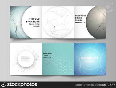 Minimal vector layout. Modern covers design templates for trifold square brochure or flyer. Technology, science, medical concept. Molecule structure, connecting lines and dots. Futuristic background. The minimal vector layout. Modern covers design templates for trifold square brochure or flyer. Technology, science, medical concept. Molecule structure, connecting lines and dots. Futuristic background.