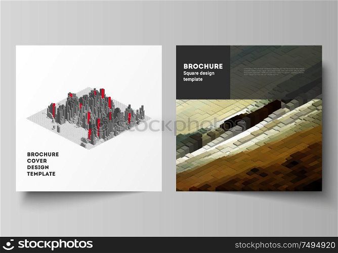 Minimal vector layout of two square format covers design templates for brochure, flyer, magazine. Big data. Dynamic geometric background. Cubes pattern design with motion effect. 3d technology style. Minimal vector layout of two square format covers design templates for brochure, flyer, magazine. Big data. Dynamic geometric background. Cubes pattern design with motion effect. 3d technology style.