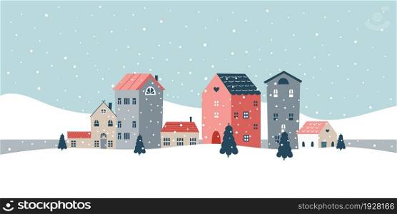 Minimal winter landscape. Flat snowy christmas scene, holiday background with tiny houses. Snow field, cute scandinavian style classy vector panorama. Illustration of christmas village building scene. Minimal winter landscape. Flat snowy christmas scene, holiday background with tiny houses. Snow field, cute scandinavian style classy vector panorama