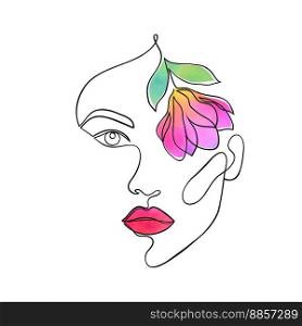 Minimal woman face with watercolor flower. Creative illustration in line art style.